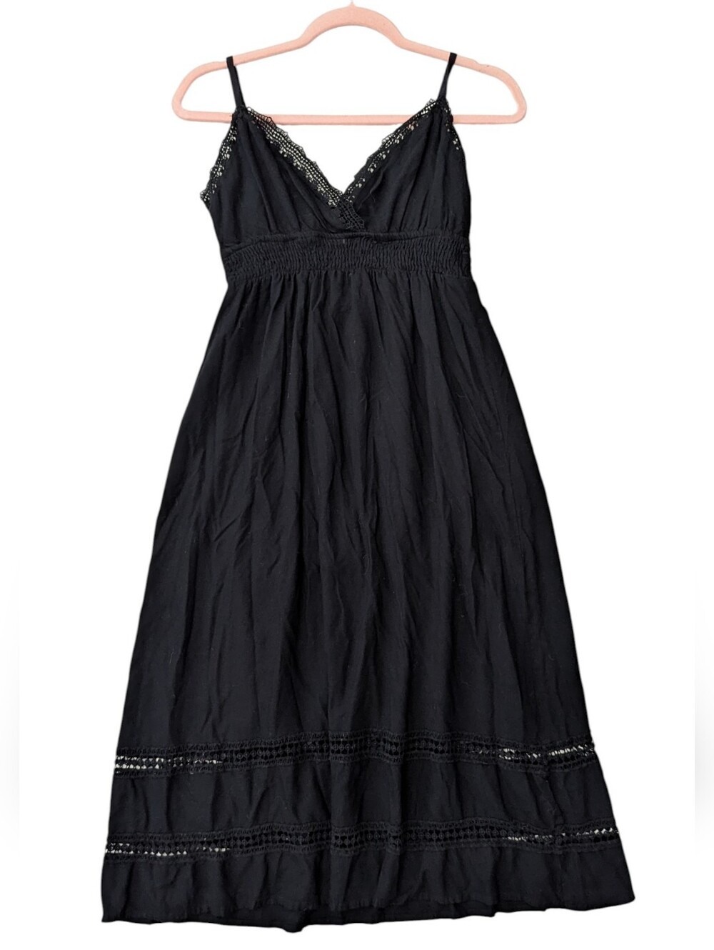 Sim & Sam Black Spaghetti strap Midi Babydoll Dress Flowy Lined Size Small Rayon